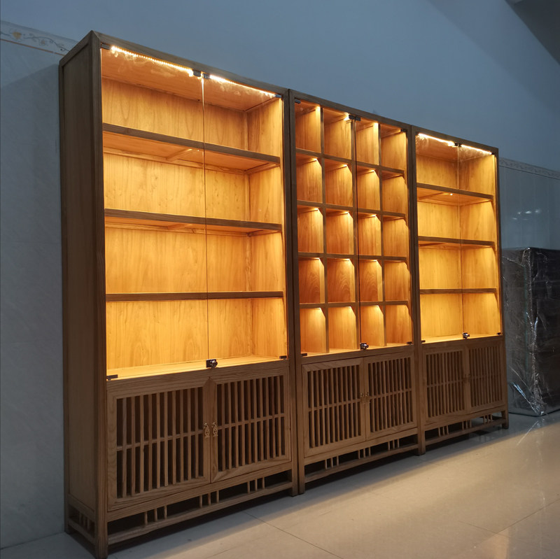 老榆木实木玻璃展示柜置物架红酒储藏柜白酒展示架茶室茶叶陈列柜