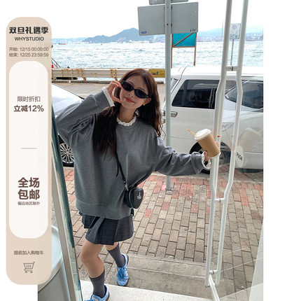 WHYSTUDIO_蕾丝拼接灰色卫衣+格纹撞色百褶裙+蕾丝拼接半身长裙