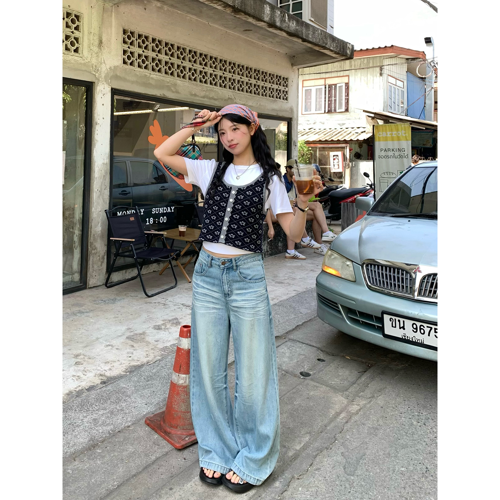 WHYSTUDIO_猫须喷染设计感天丝牛仔裤女春季新款宽松阔腿裤长裤子