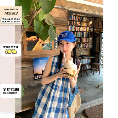 WHYSTUDIO 日系vintage彩条蓝白格无袖背心连衣裙女春季新款裙子