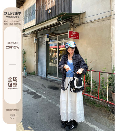 WHYSTUDIO 浪漫日系蕾丝刺绣拼接花边镂空白色半身裙高腰百搭伞裙