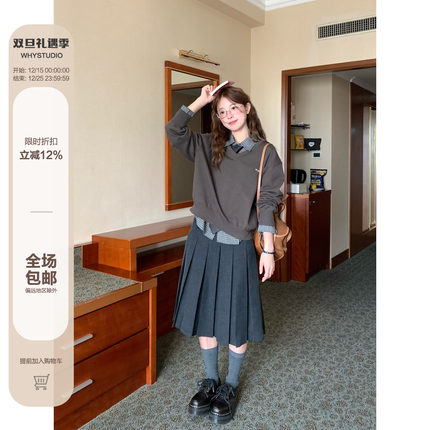 WHYSTUDIO 韩系复古知识分子学院高智感V领套头毛衣秋冬新款上衣