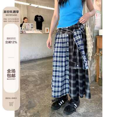 WHYSTUDIO Jennie同款衬衫式绑带假两件设计感拼接格纹半身长裙