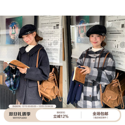 WHYSTUDIO 格纹中长款连帽手工双面呢大衣女冬季韩系通勤直筒外套