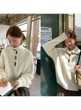 WHYSTUDIO 韩系复古2ways高领翻领牛角扣麻花加厚保暖套头毛衣秋