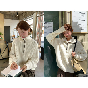 WHYSTUDIO 韩系复古2ways高领翻领牛角扣麻花加厚保暖套头毛衣秋