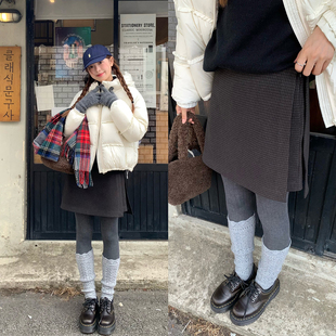 WHYSTUDIO 裙女秋冬韩系高腰深灰色开叉短裙 搭配神器加厚千鸟格裤