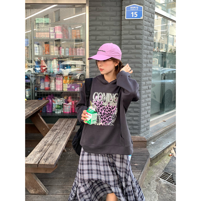 WHYSTUDIO 韩系复古百搭豹纹玫瑰撞色字母印花连帽套头百搭卫衣女