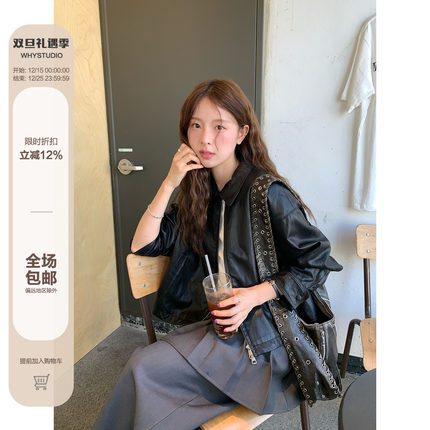 WHYSTUDIO 甜酷腔调黑色短款机车皮衣夹克春秋女新款美式复古外套