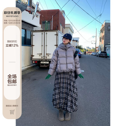 WHYSTUDIO 日系小众复古黑白格纹立体花苞设计感显瘦百搭半身长裙