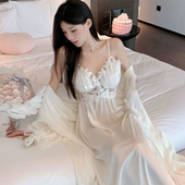 睡袍性感带胸垫中长款 蕾丝长袖 吊带睡裙两件套 冰丝薄款 睡衣女夏季