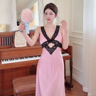 睡衣女夏季冰丝薄款无袖蕾丝镂空美背中长款睡裙性格带胸垫连衣裙
