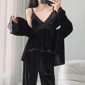 露丝同款 2025年秋冬新金丝绒睡衣女性感纯欲长袖 吊带家居服三件套