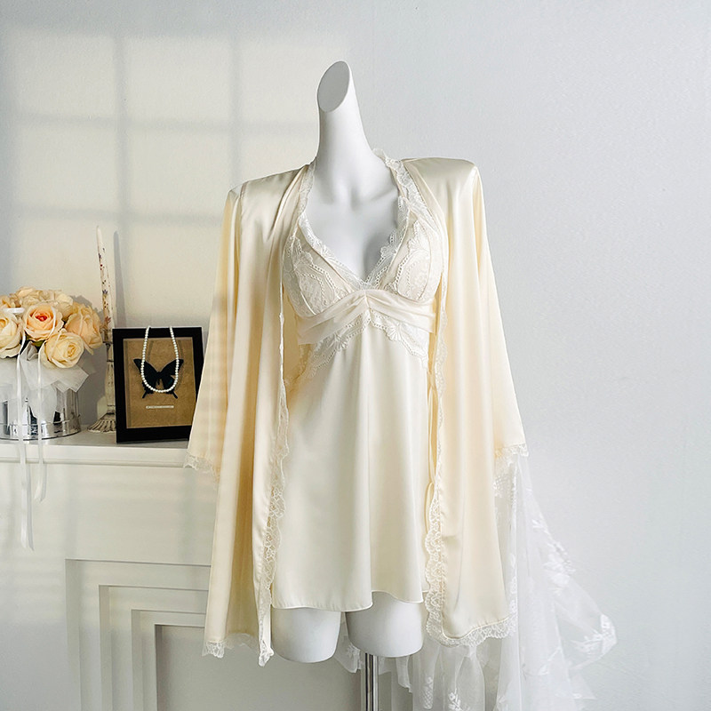 春夏新品女款法式纯欲风蕾丝吊带睡裙外袍两件套温柔性感家居睡衣