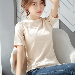 修身 纯棉韩版 白色紧身t恤女短袖 2020年新款 潮上衣 半袖 一字肩短款