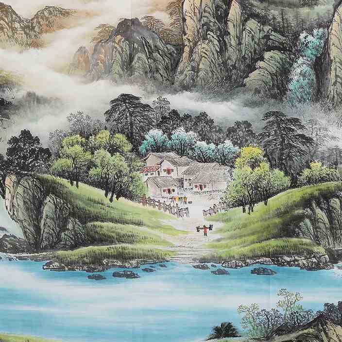 手绘聚宝盆山水画国画风水靠山办公室客厅招财挂画安居福地0008