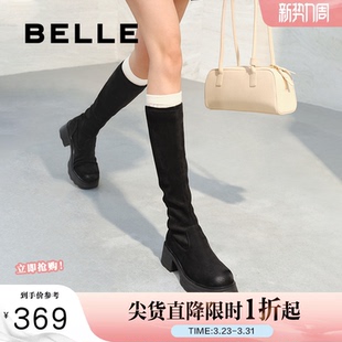 粗跟增高弹力高靴E5G1DDG5 商场同款 百丽简约复古弹力靴女冬季 新款