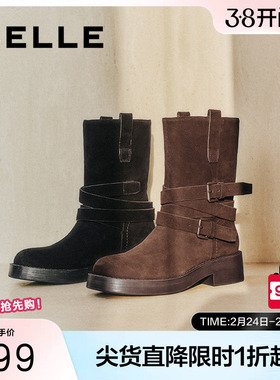 张予曦同款百丽女靴新款牛仔西部靴真皮短靴堆堆靴马丁靴D1Z1DDZ4