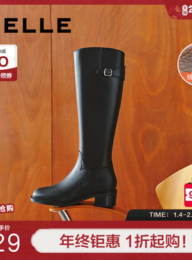 明星同款百丽女靴子冬季新款骑士靴加绒黑色长筒高长靴3KV71DG4