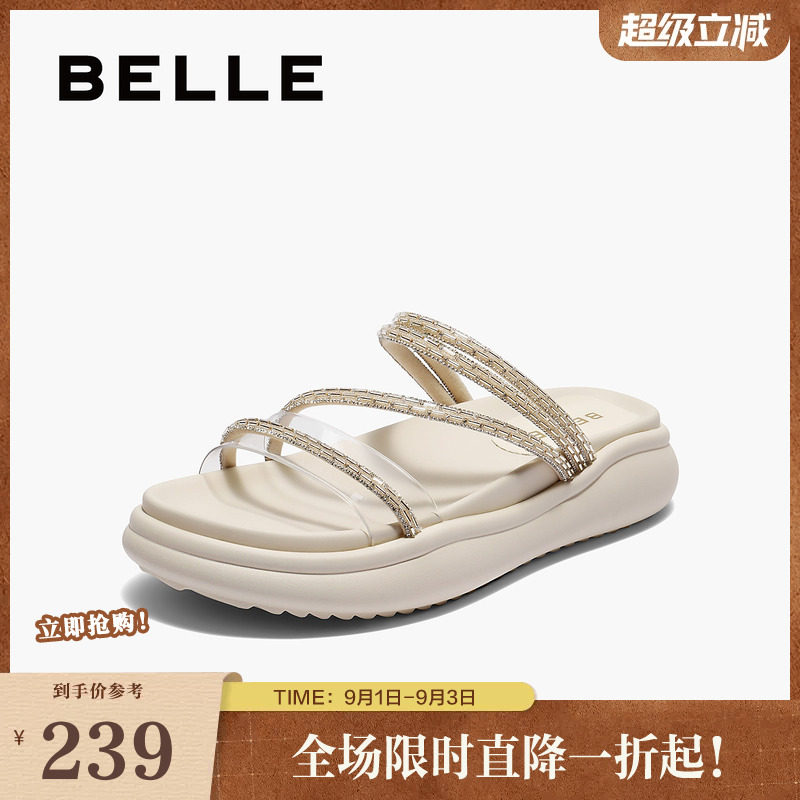 百丽女鞋水钻厚底凉拖鞋子夏季新款可外穿仙女沙滩休闲拖E3D1DBT5图片