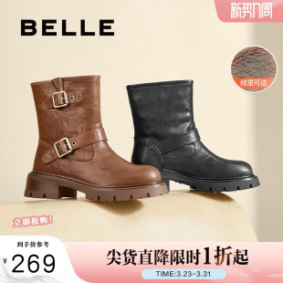 百丽复古美拉德西部靴女冬季 真皮机车靴加绒短靴子B8G1DDZ4 新款