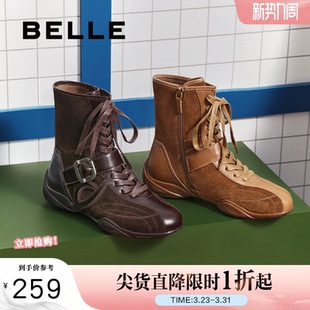 百丽运动风拳击靴厚底西部靴子女鞋冬季新款休闲短靴E5R1DDZ5