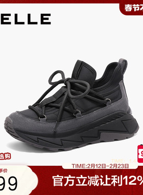 百丽女鞋子新款休闲户外运动鞋厚底深黑色老爹鞋女B2306CM4