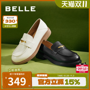 学院风乐福鞋 百丽女鞋 平底单鞋 新款 B1983CM4 通勤黑色羊皮小皮鞋