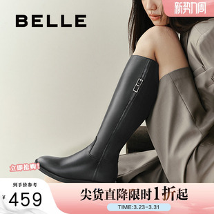 真皮显瘦长筒靴子3NF73DG4 新款 百丽女鞋 复古高长靴骑士靴女靴冬季