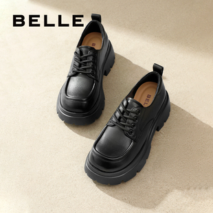 百丽女鞋厚底牛津鞋女春夏季新款乐福鞋黑色小皮鞋子B1Q1DCM4