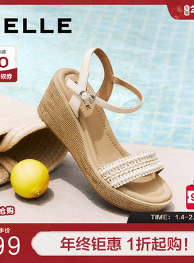 百丽女鞋度假风一字带凉鞋夏季新款妈妈坡跟松糕凉鞋子D8T1DBL5