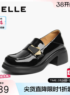 百丽女鞋粗高跟乐福鞋女春新款一脚蹬黑色小皮鞋单鞋子D7E1DAA5