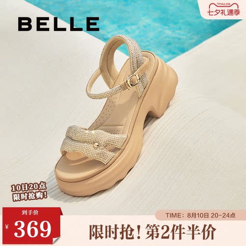 百丽女鞋厚底增高一字带凉鞋夏季新款妈妈法式休闲凉鞋D7Z2DBL5