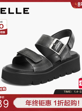 百丽女鞋复古做旧凉鞋夏季新款黑色鞋子可外穿厚底鞋子A9E1DBL4