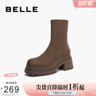 百丽女鞋 冬粗跟短靴反绒面瘦瘦靴子3MC61DZ4 子厚底弹力靴女新款