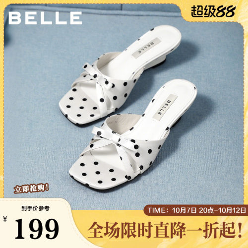 百丽法式波点一字拖鞋女2026夏新优雅蝴蝶结方头拖鞋B3179BH6