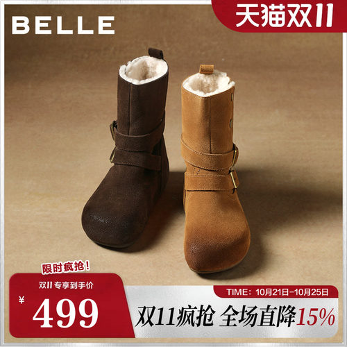百丽女鞋复古双饰扣雪地靴女冬新内增高加毛保暖休闲中靴F3E1DDZ5