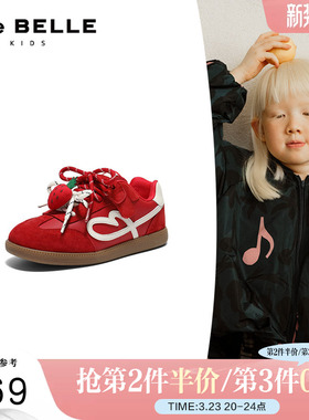 百丽儿童鞋红色阿甘德训鞋女中童鞋新年款魔术贴板鞋L2015A86预