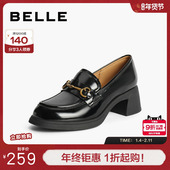 百丽女鞋 3A625CA4 马衔扣粗高跟乐福鞋 子英伦通勤单鞋 黑色小皮鞋