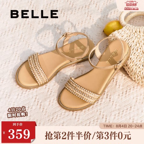 百丽女鞋子一字带凉鞋女夏季新款法式绝美海边平底单鞋3CQ36BL5