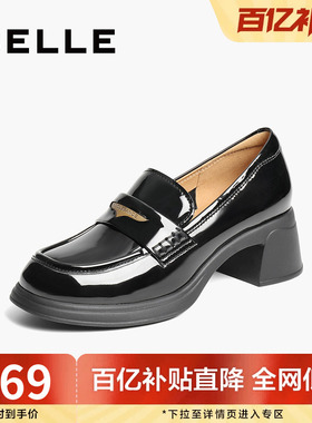 百丽女鞋子粗高跟海鸥乐福鞋黑色小皮鞋通勤上班单鞋3A6B5AA5