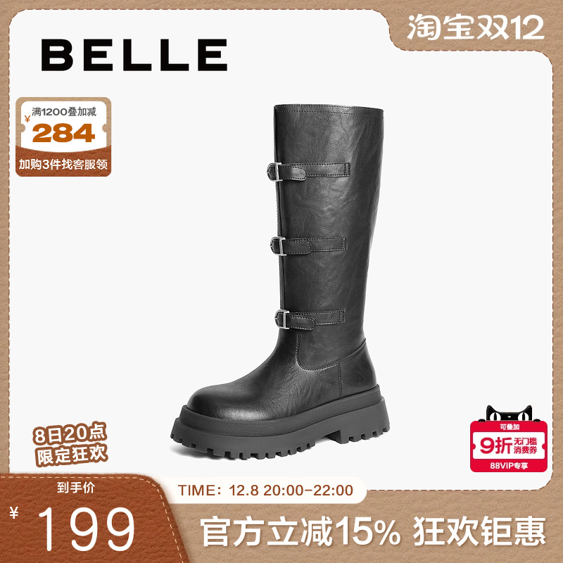 百丽女靴子英伦风骑士靴
