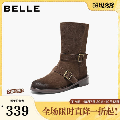 百丽复古反绒面中筒靴显瘦时装靴女鞋美拉德粗跟西部靴3QF65DG5