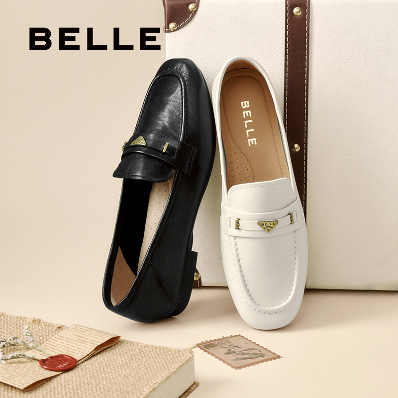 百丽羊皮英伦风乐福小皮鞋女新款软平底豆豆深口单鞋子E3C1DCA5