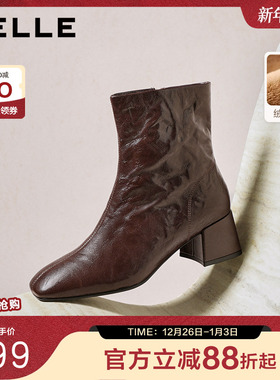 百丽超软羊皮加绒时装靴冬季新款显瘦粗高跟防滑短靴子F2Q1DDZ5