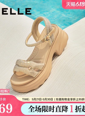 百丽女鞋厚底增高一字带凉鞋夏季新款妈妈法式休闲凉鞋D7Z2DBL5