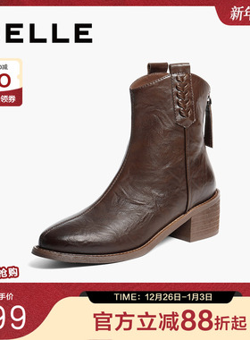 百丽女鞋子简约抓皱粗高跟时装靴2025冬季新款休闲短靴B2879DD5