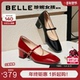 真皮粗跟单鞋 百丽女鞋 子BR506AQ5 新款 商场同款 复古玛丽珍鞋 女春季