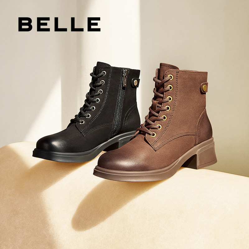 百丽靴子英伦风冬季新款粗高跟羊皮短靴加绒厚底马丁靴3NW40DD