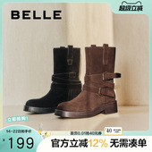 张予曦同款 牛仔西部靴真皮短靴堆堆靴马丁靴D1Z1DDZ4 百丽女靴新款